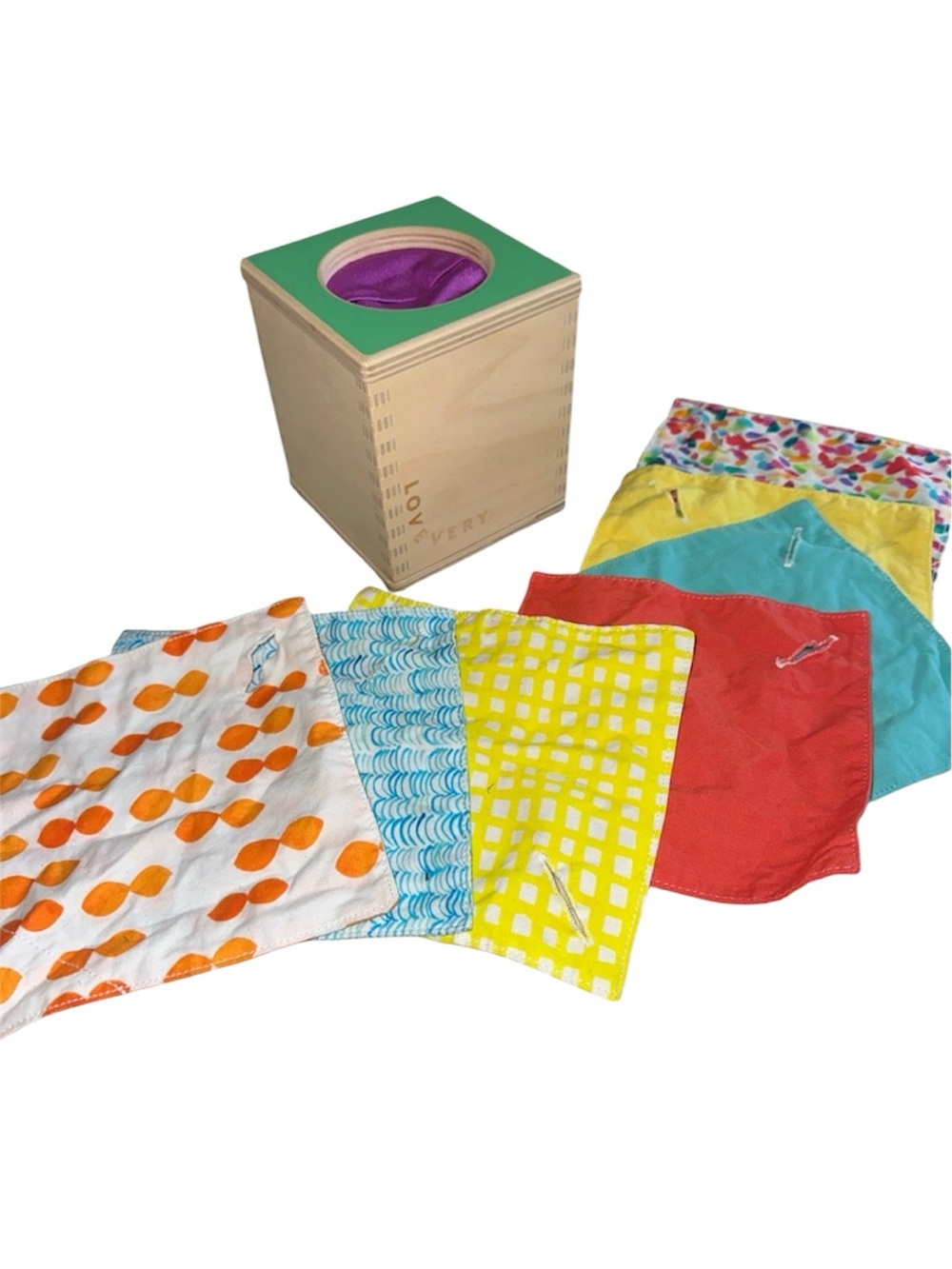 LOVEVERY Wooden Toy Tissue Box with Bright Sensory Cloths